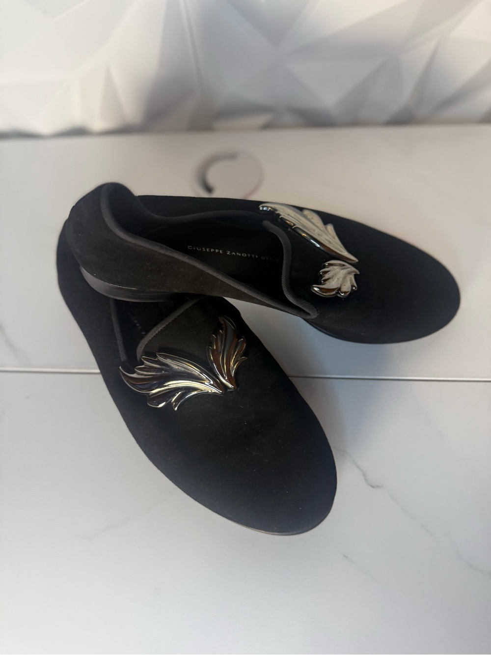 Giuseppe Zanotti Black Loafers with Silver Leaf Accent